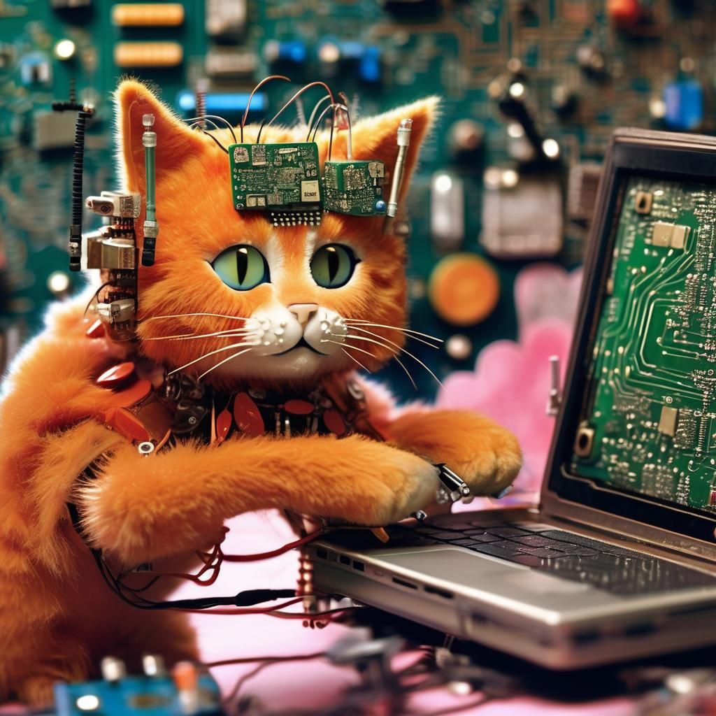 Cyber cat repairing laptop.
