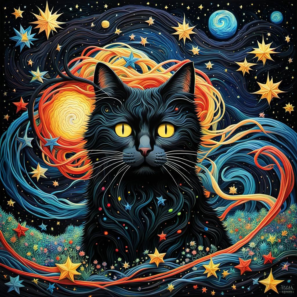 Surreal Black Cat in Starry Night Abstract Painting
