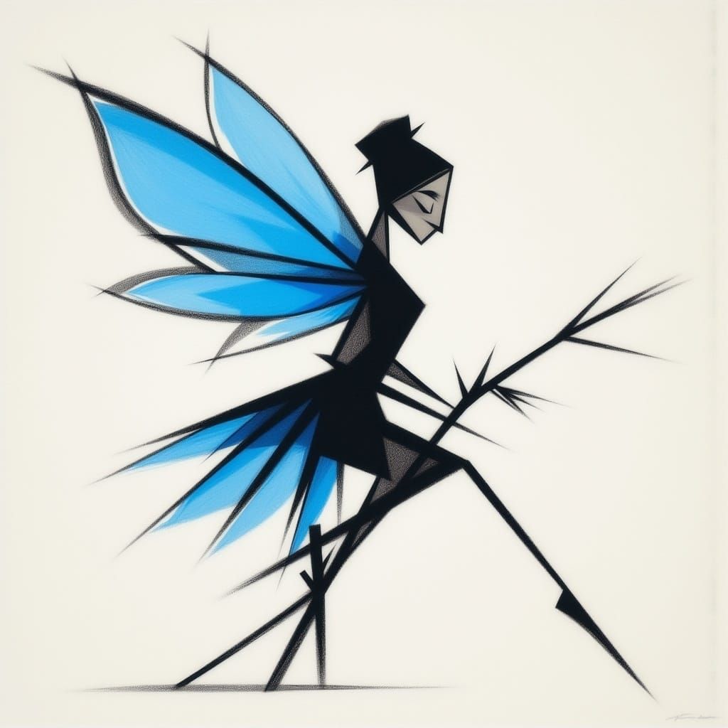 Blue Fairy in Minimalist Charcoal and Gouache Style