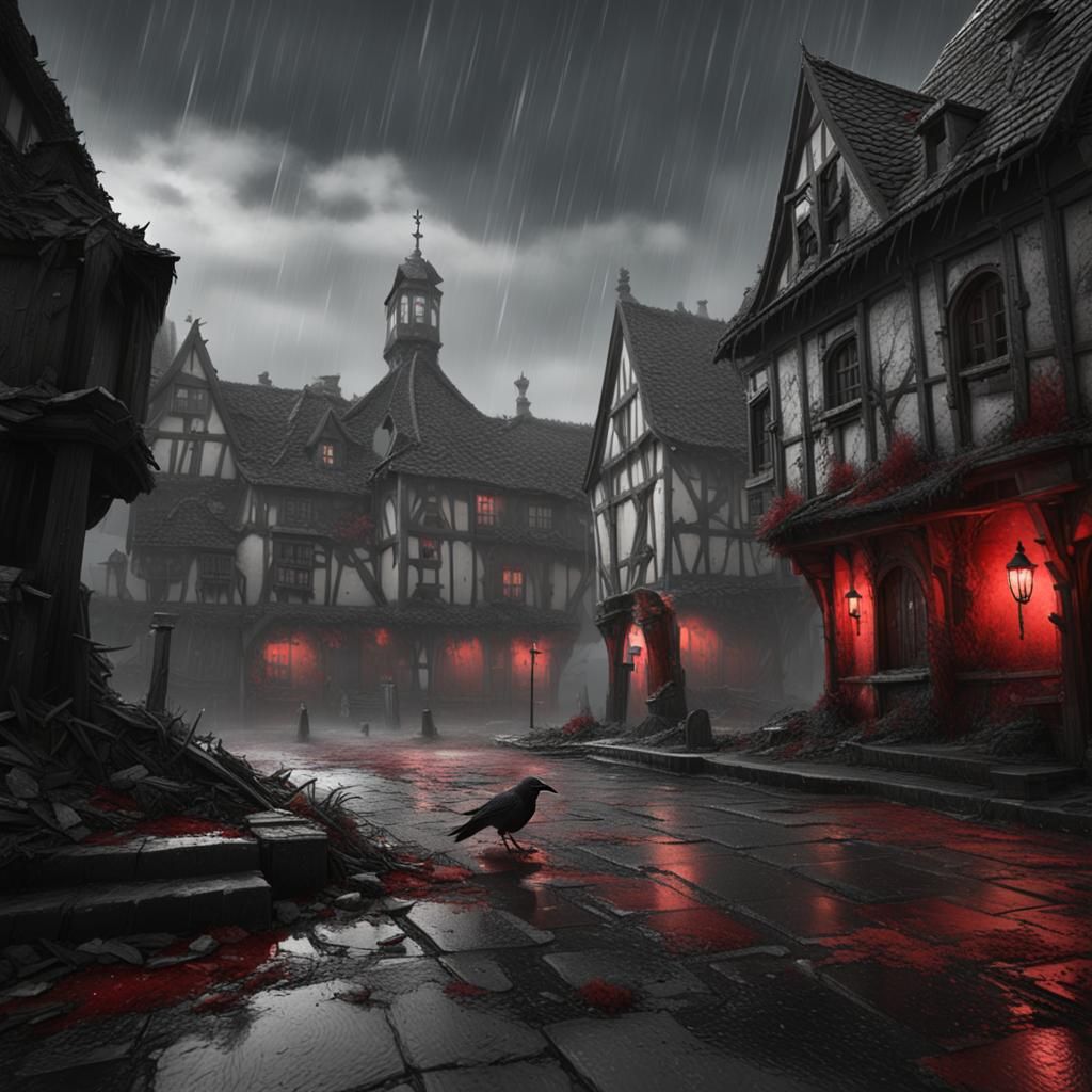 Zombie Crow in Ruined Village: Dark Fantasy Art