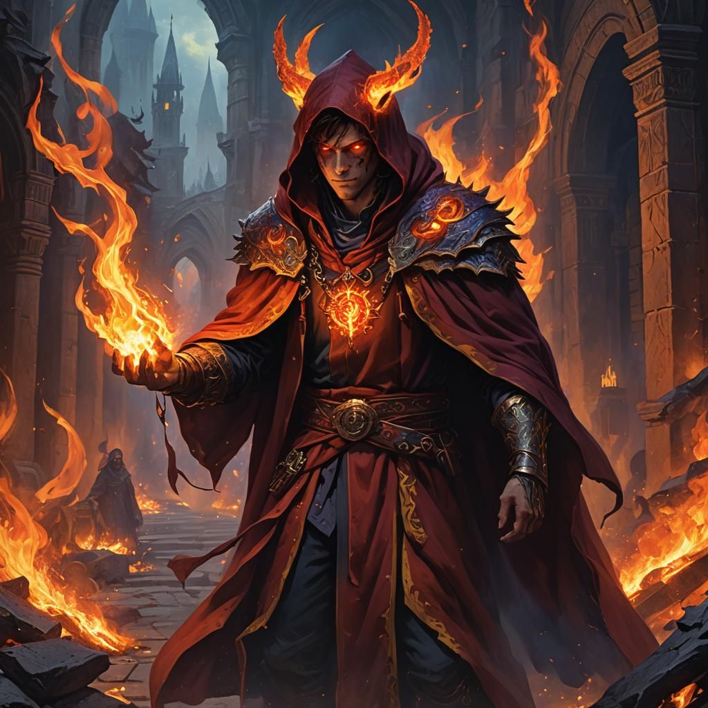 Pyromancer with Fire Demon in Dark Fantasy Art