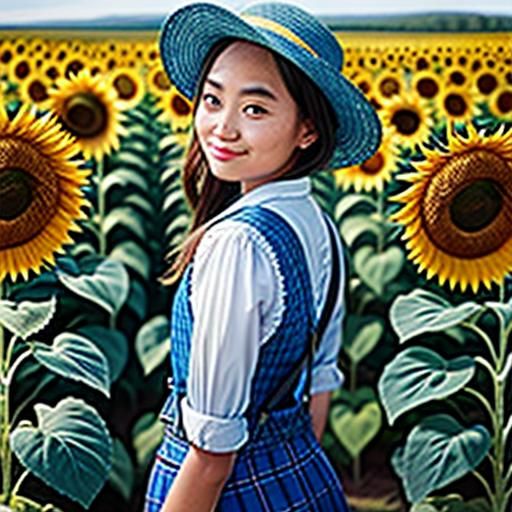 Girl Tracing a Sunflower Rose in Field