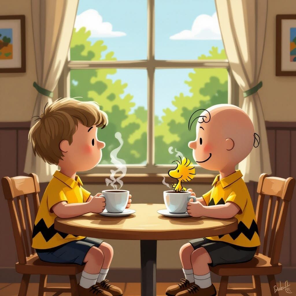 Linus and Charlie Brown Enjoy Morning Coffee with Woodstock