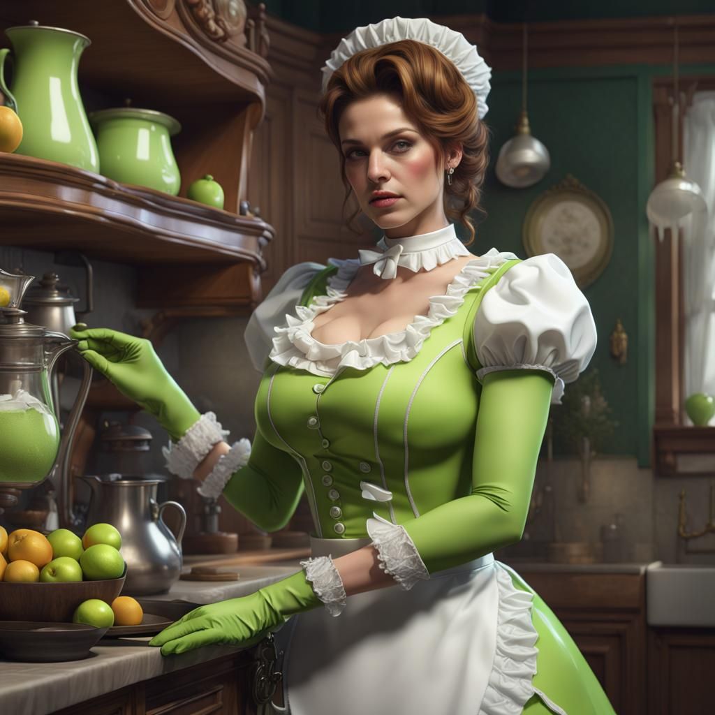 Woman in Ornate Maid Outfit in Kitchen