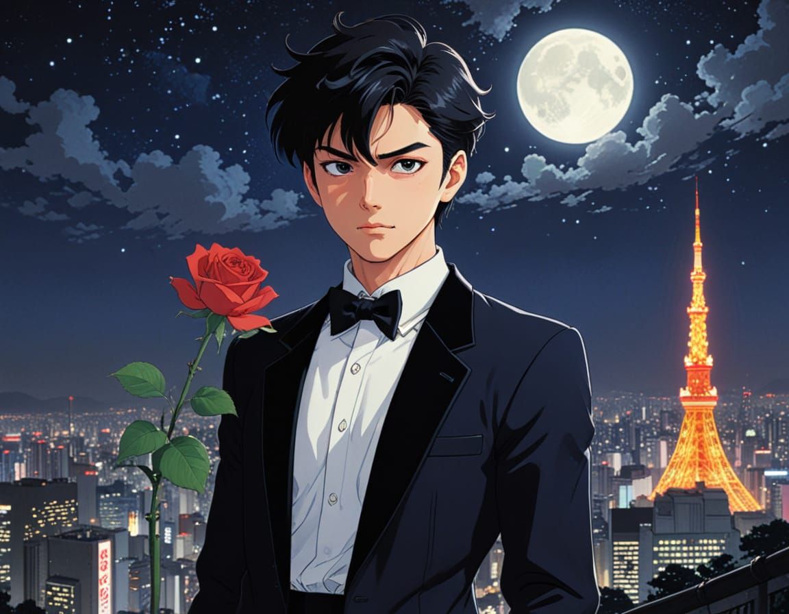 Heroic Tokyo Nightscape in 80s Manga Style