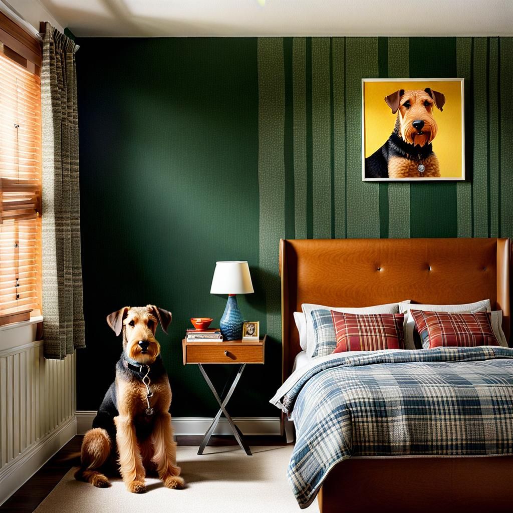 Photorealistic Airedale Dog in 1970s Bedroom