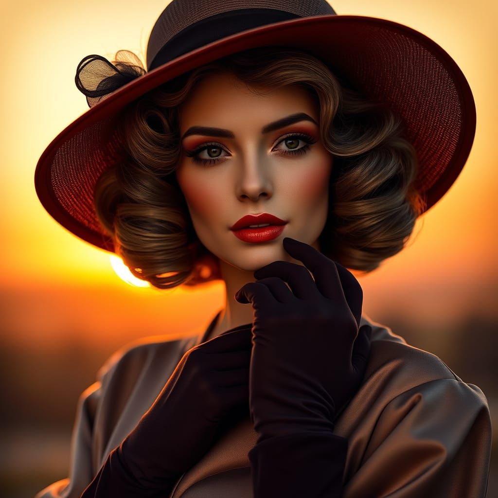 A highly detailed elegant portrait of a woman with vibrant vintage curls and flawless 1940s-style makeup. She wears a wi...