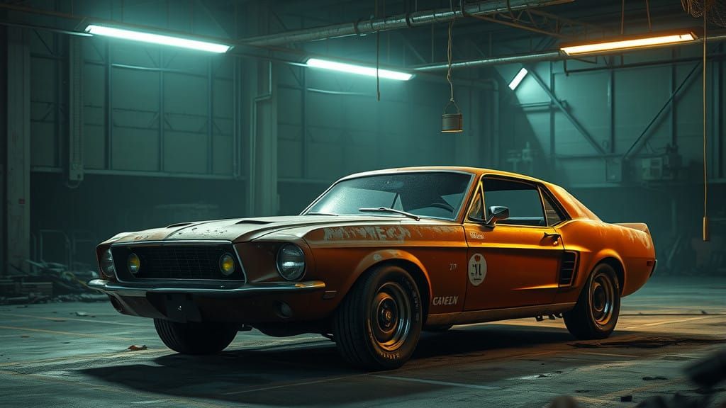 Weathered Vintage Ford Mustang in Abandoned Industrial Space