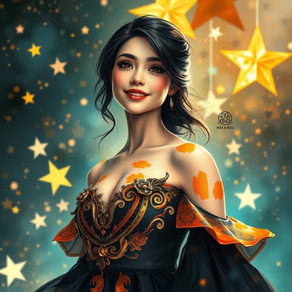 Ethereal Woman Among Celestial Wonders in Watercolor Style