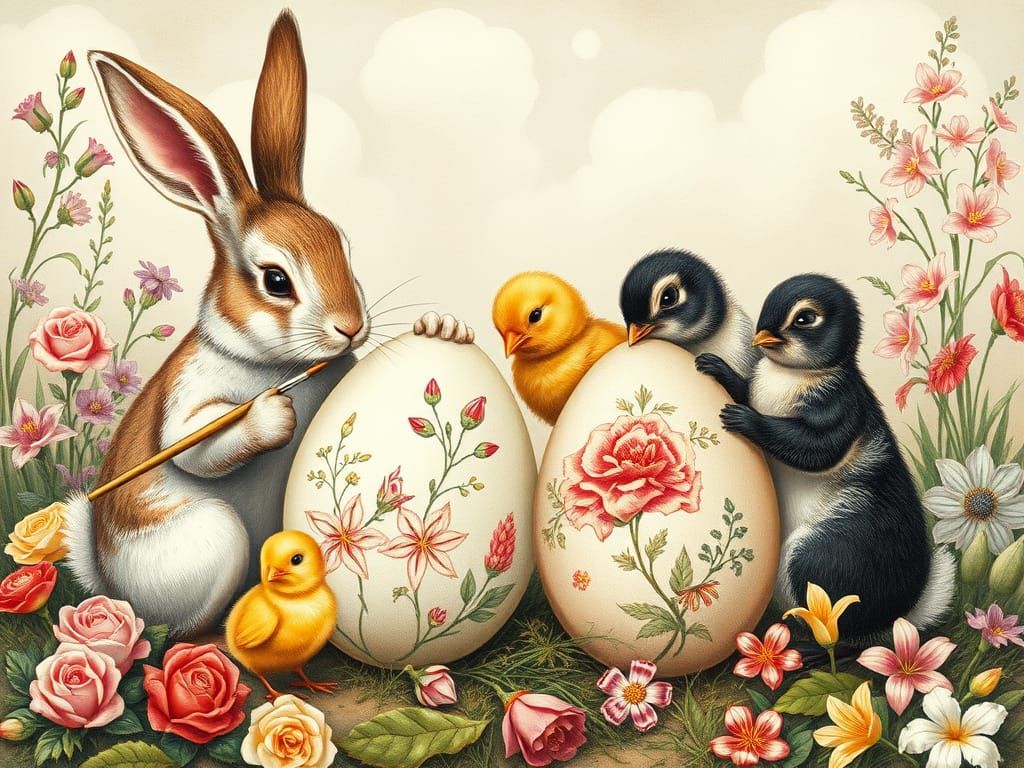 Easter Bunnies Painting Eggs in Vintage Style