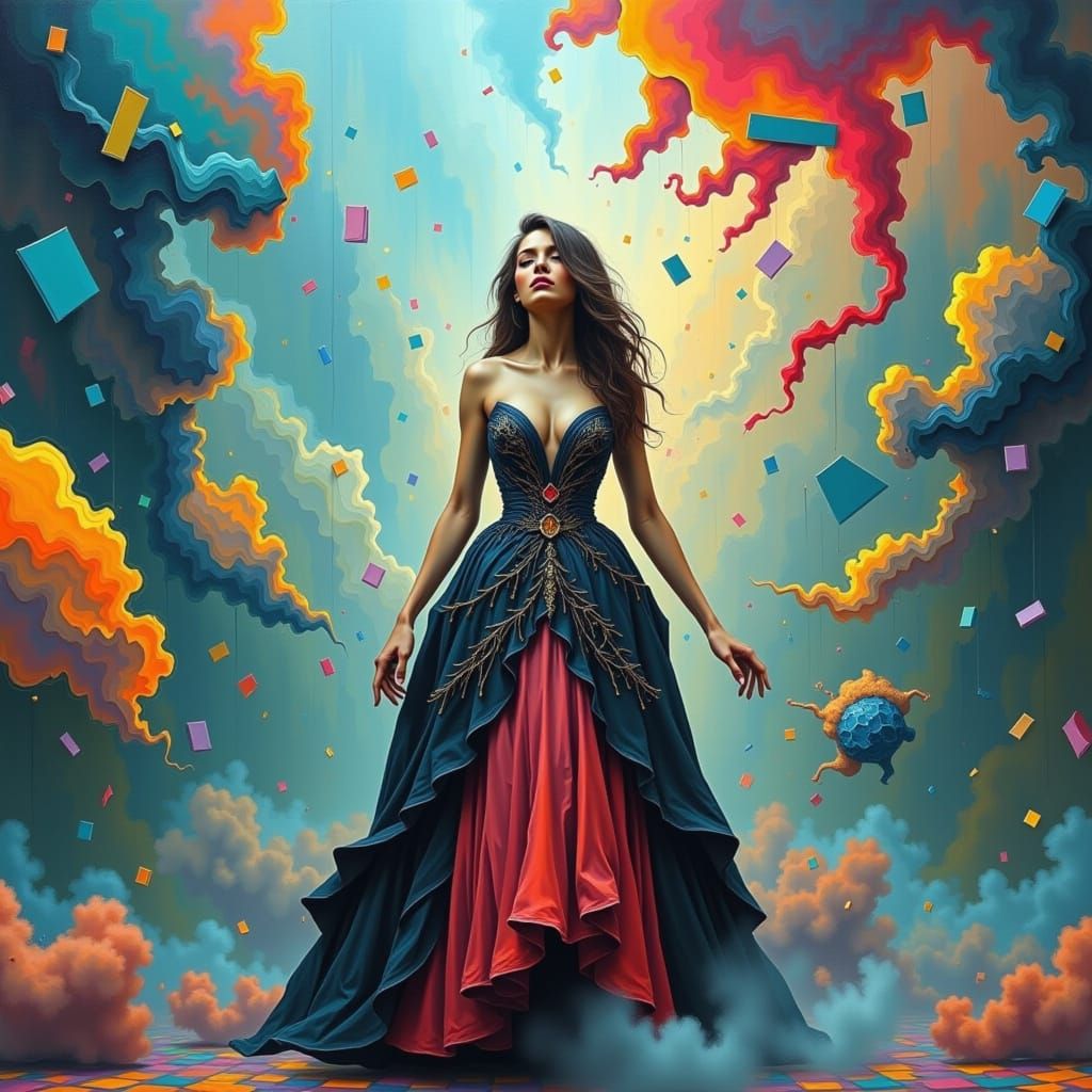 Surreal Woman Defies Gravity in Futuristic Landscape