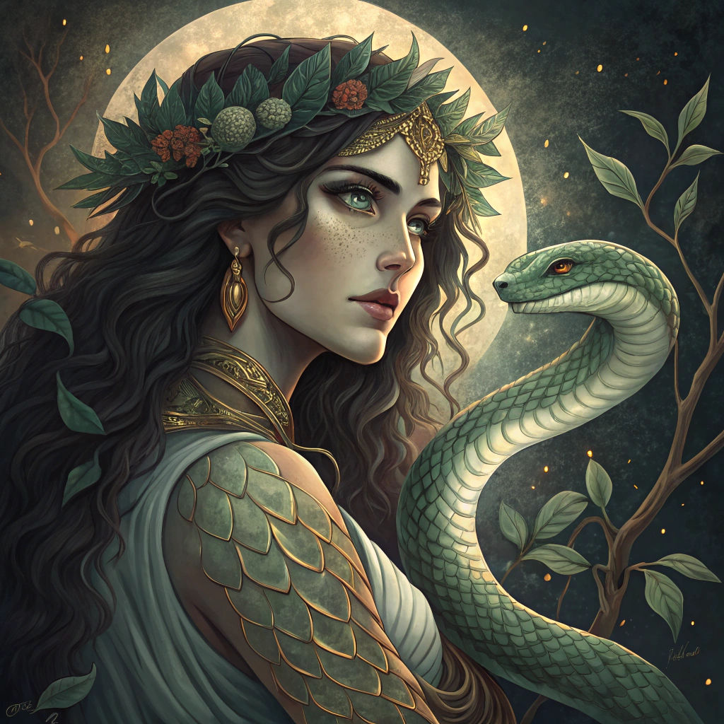 Angitia: Serpent Goddess in Art Nouveau Style