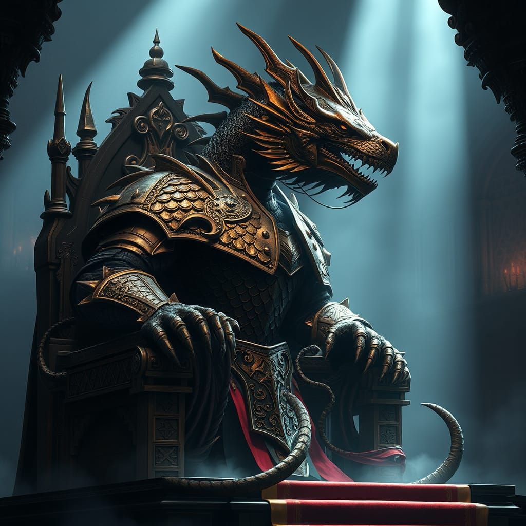 Armored Dragon King on Throne in Dark Chamber