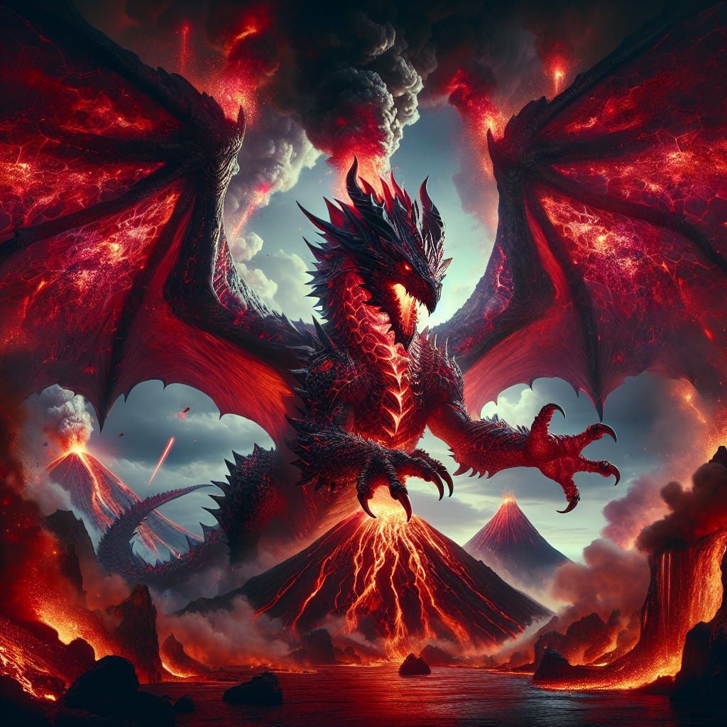 Majestic Flame Dragon Rising from Erupting Volcano
