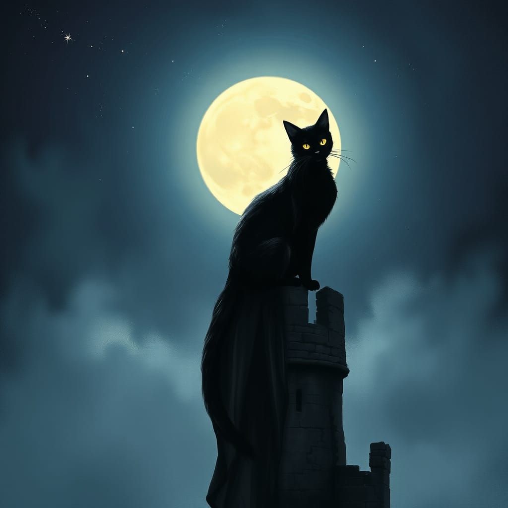 Black Cat on Tower in Dreamlike Style