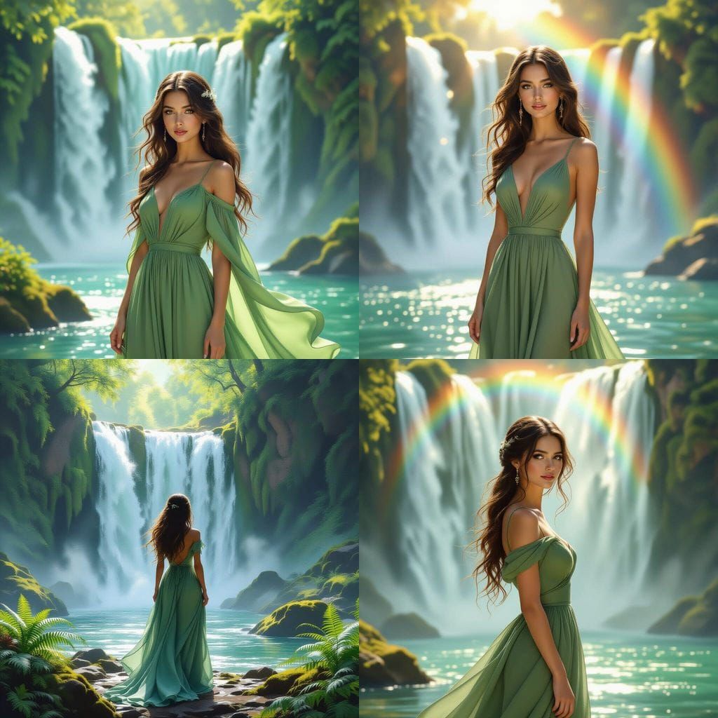 Pretty Girl in Sage Green Dress by Waterfall