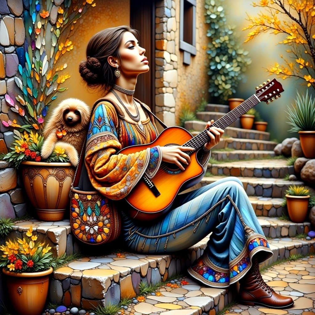 Happy Hippy Musician Girl with Dog in Italian Village Oil Pa...