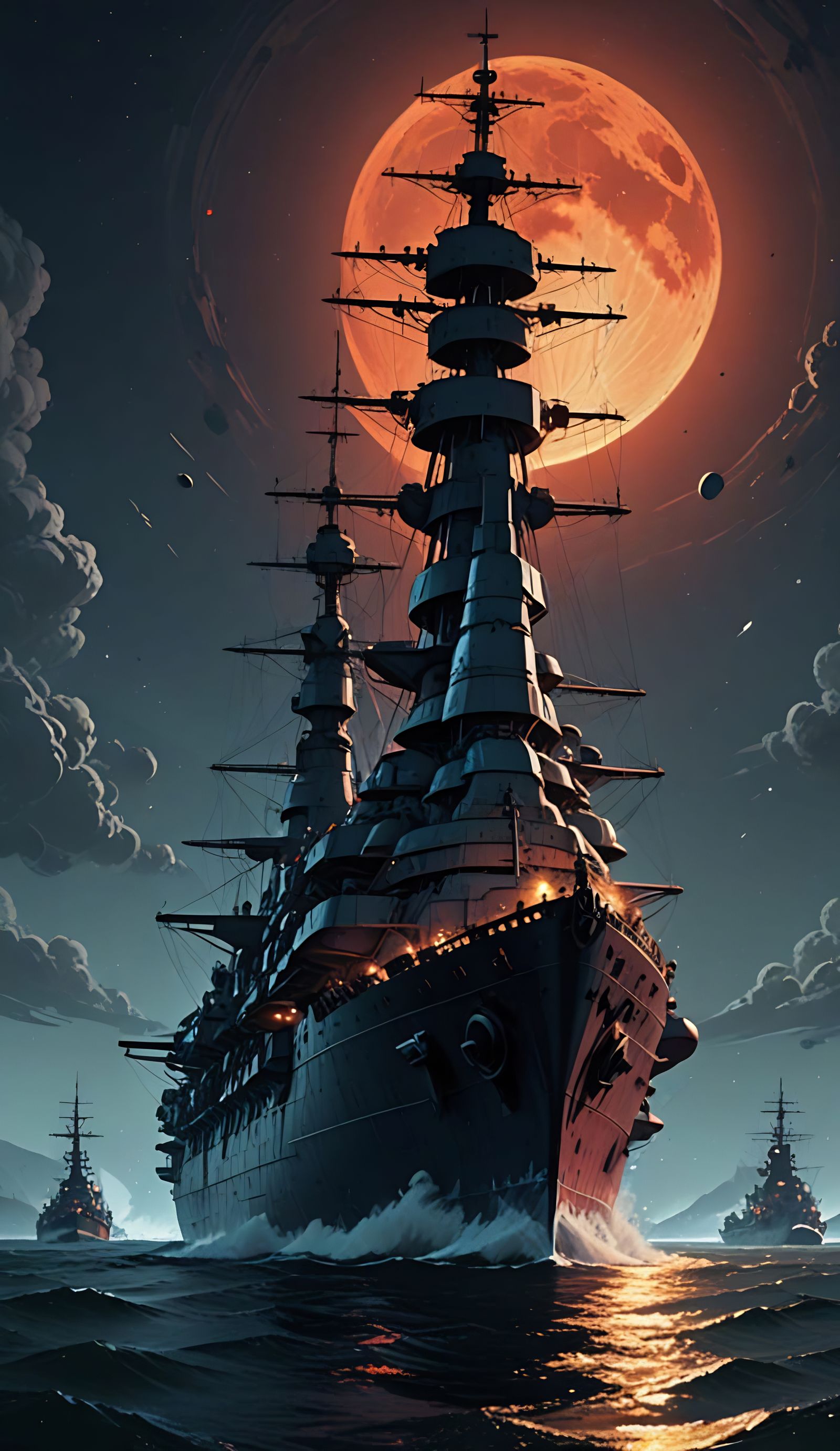 Majestic USS Vermont Battleship under a Galaxy Blood Moon