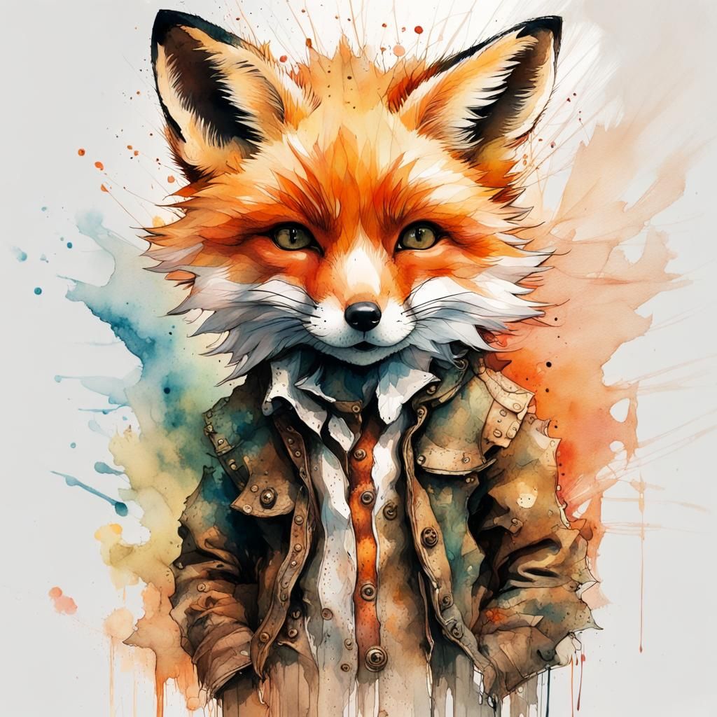Chibi Fox Illustration in Watercolor Impressionism