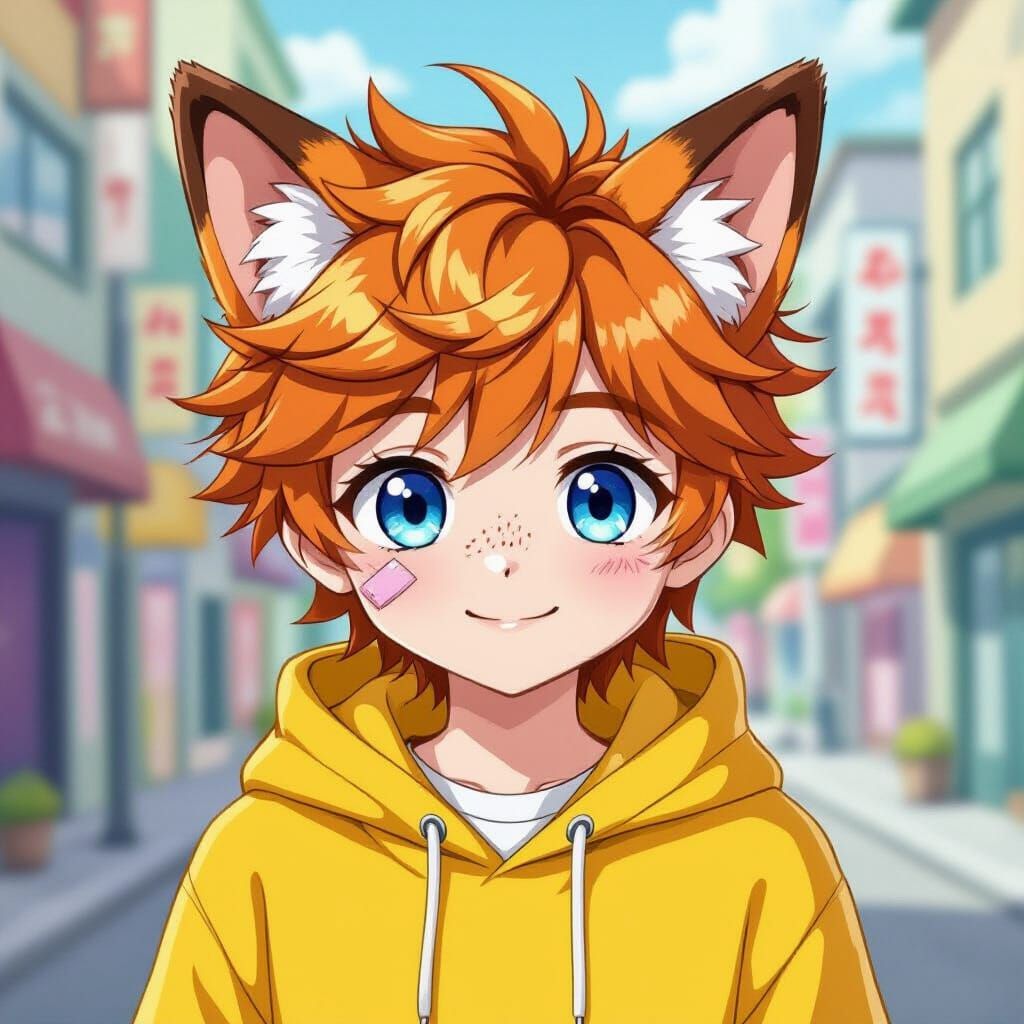 Anime Fox-Boy in Vibrant City Street with Pastel Colors