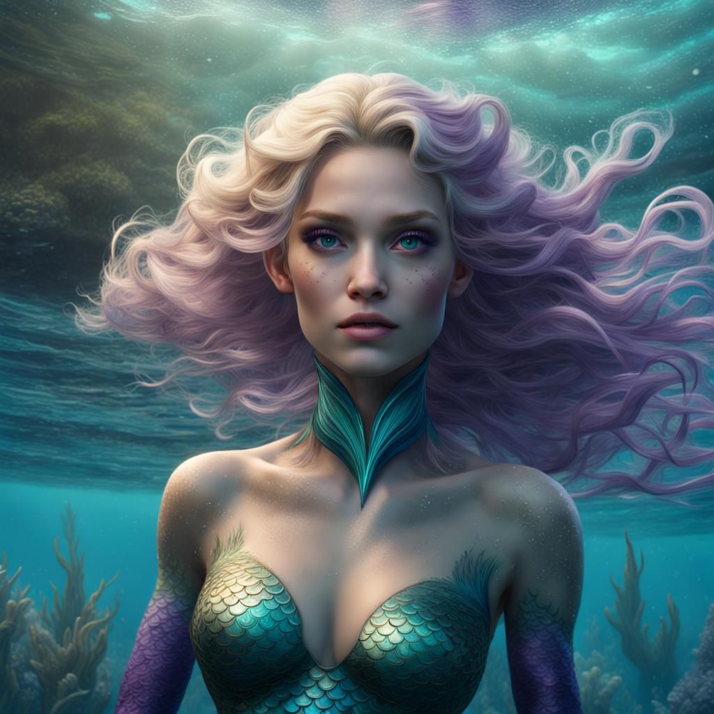 Blonde Mermaid in Teal Water, Detailed Fantasy Art