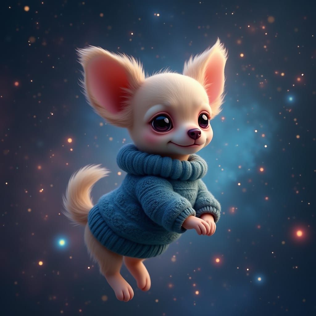 Chihuahua in Sweater Floating Among Stars as 3D Rendered Art