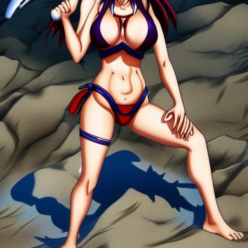 Beautiful Anime Woman in Bikini Armor on Beach
