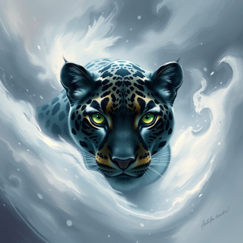 Black Snow Leopard Emerges from Mystical Mist