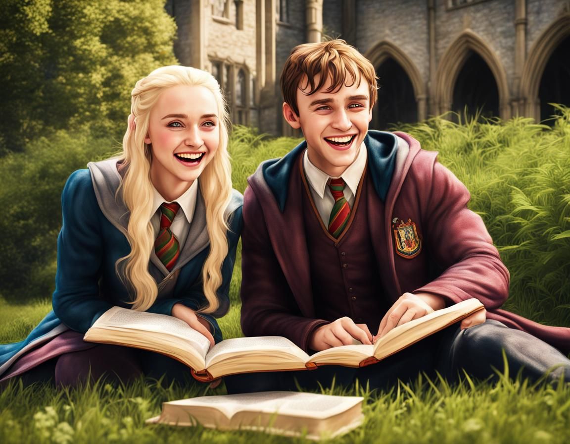 Neville and Luna Laughing in Hogwarts Front Yard