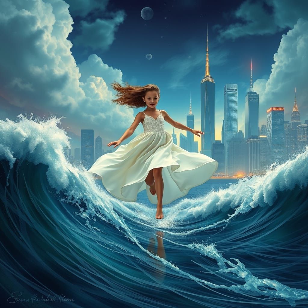 Girl Runs on Ocean Waves: Surrealist Cityscape