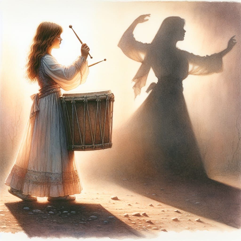 Dreamy Late 19th-Century Watercolor of Girl Drumming with El...
