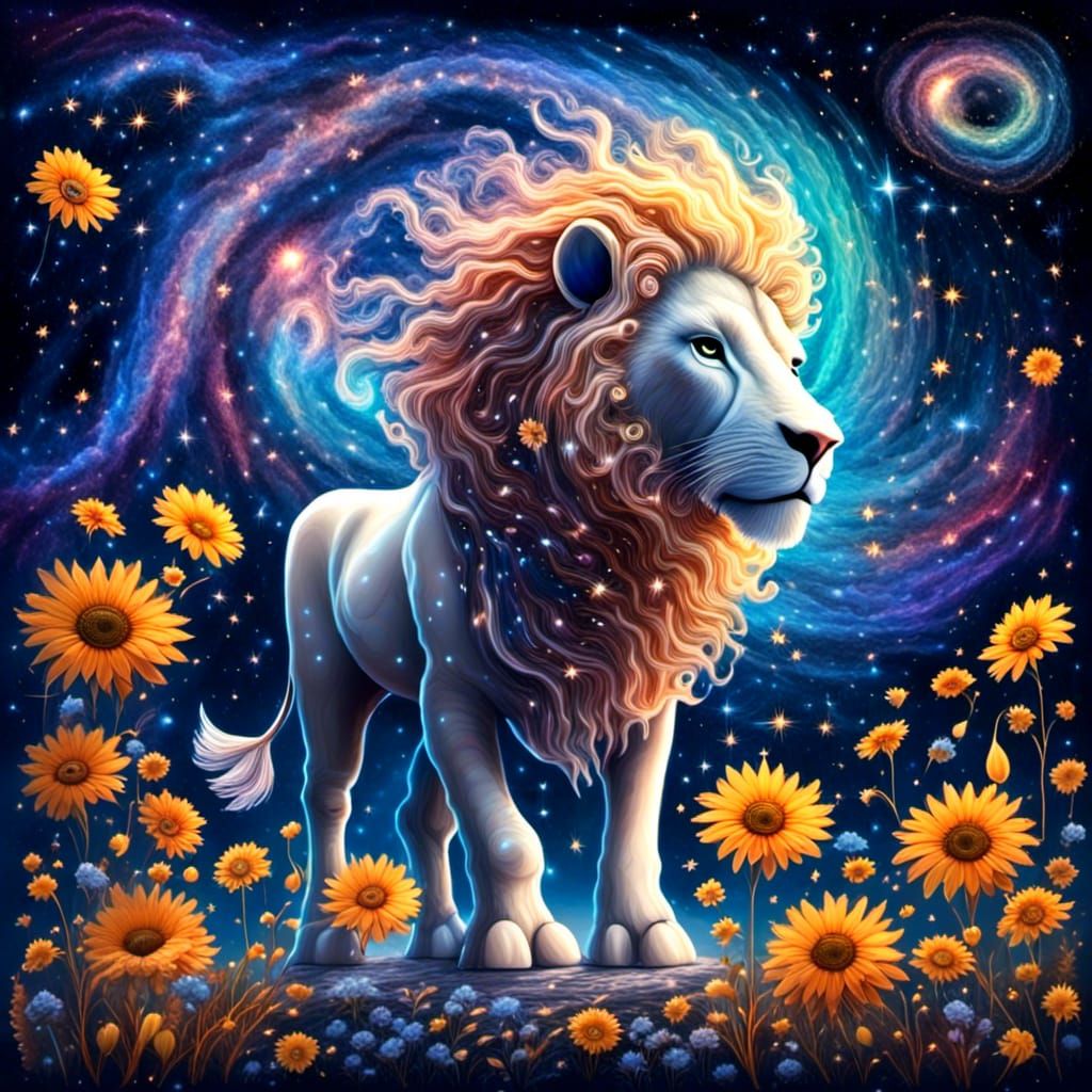 Lion Astronaut Rides Cow in Surreal Landscape