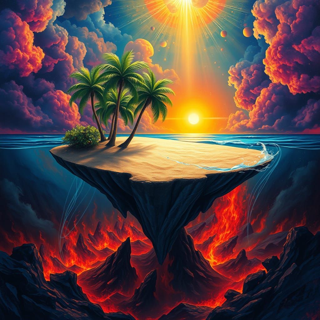 Magical Tropical Island Above Fiery Underworld