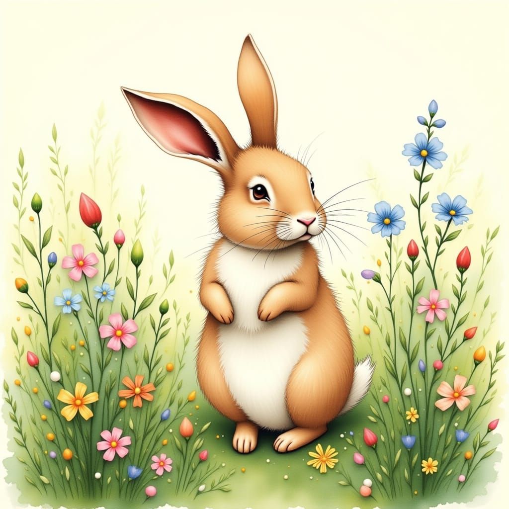 Bunny in Meadow: Whimsical Watercolor Illustration