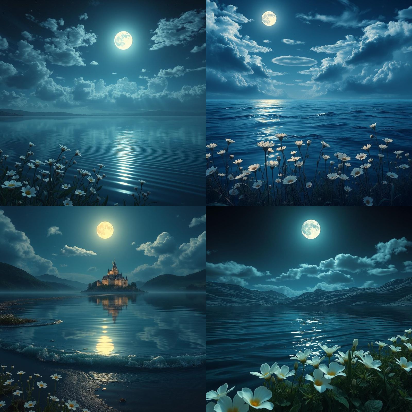 Moonlit Night Reflection with White Flowers in 4K