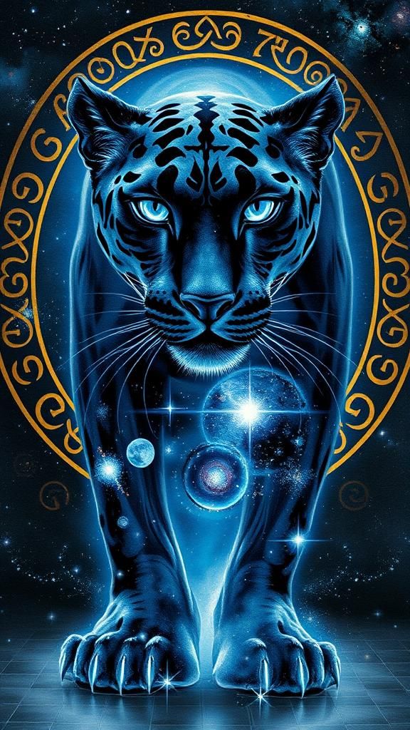 Cosmic Panther with Celtic Runes in Watercolour Style