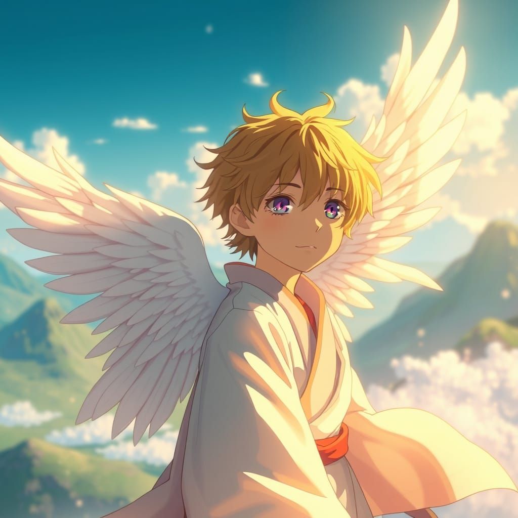 Whimsical Angel Boy in Ethereal Landscape