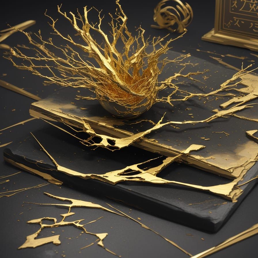 Japanese Ceramic Art with Golden Cracks in Vibrant Matte Pai...