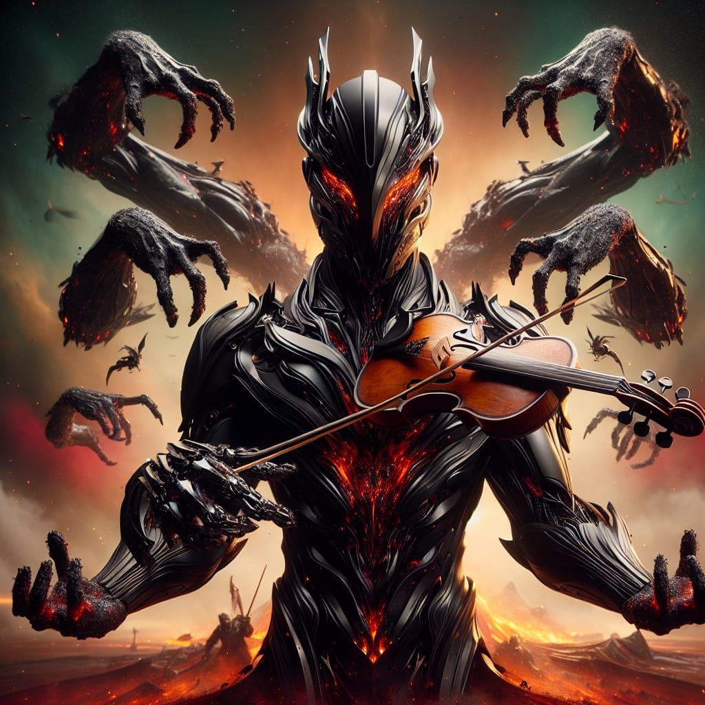 Infernal Robot Overlord Playing Violin Amidst Fiery Battle