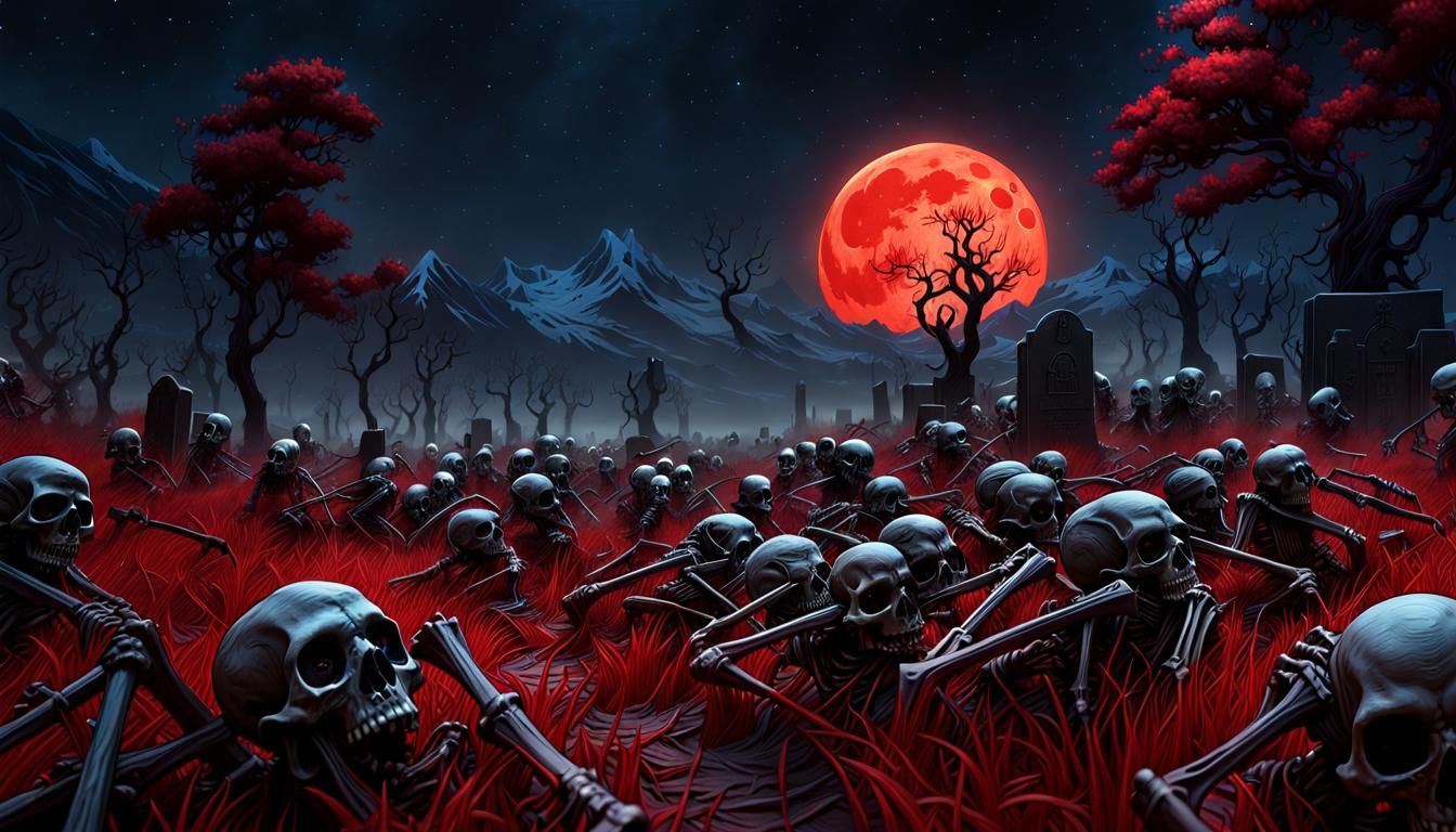 Skeletal Army Rising Under Blood Moon in Dark Fantasy Style