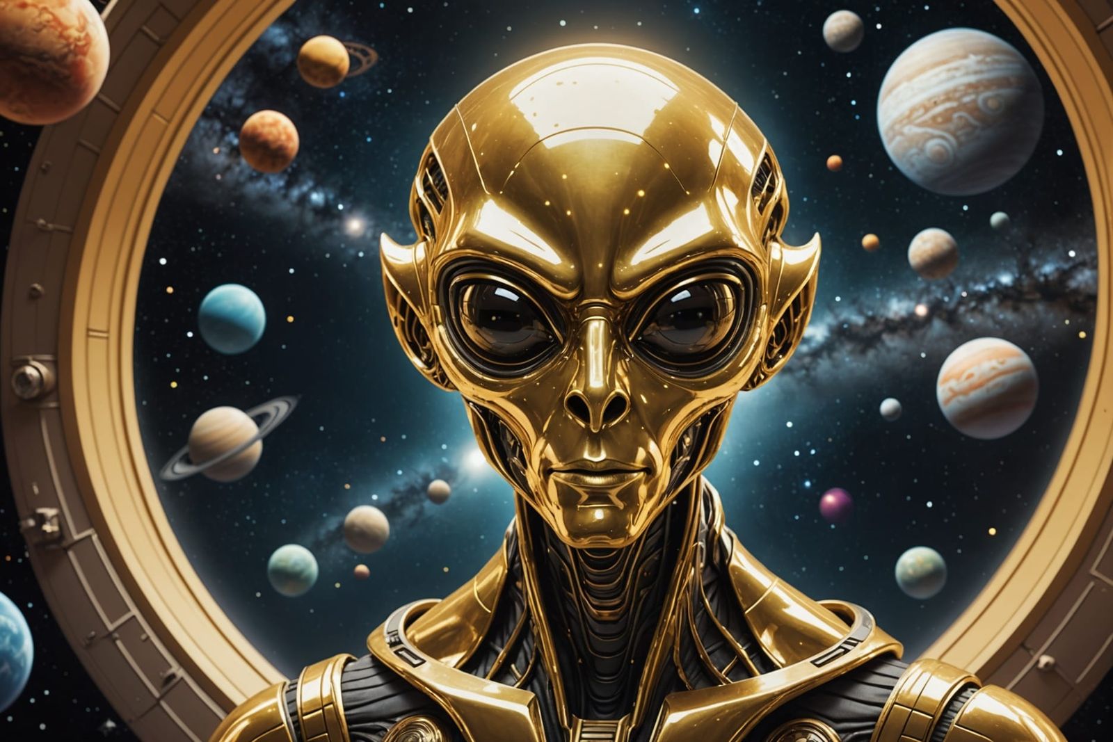 Golden Alien Observes Planets from Spaceship