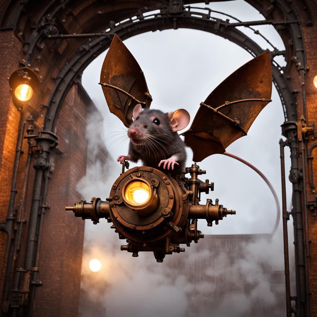 Steampunk Flying Rat Soaring Through Rusted Archway