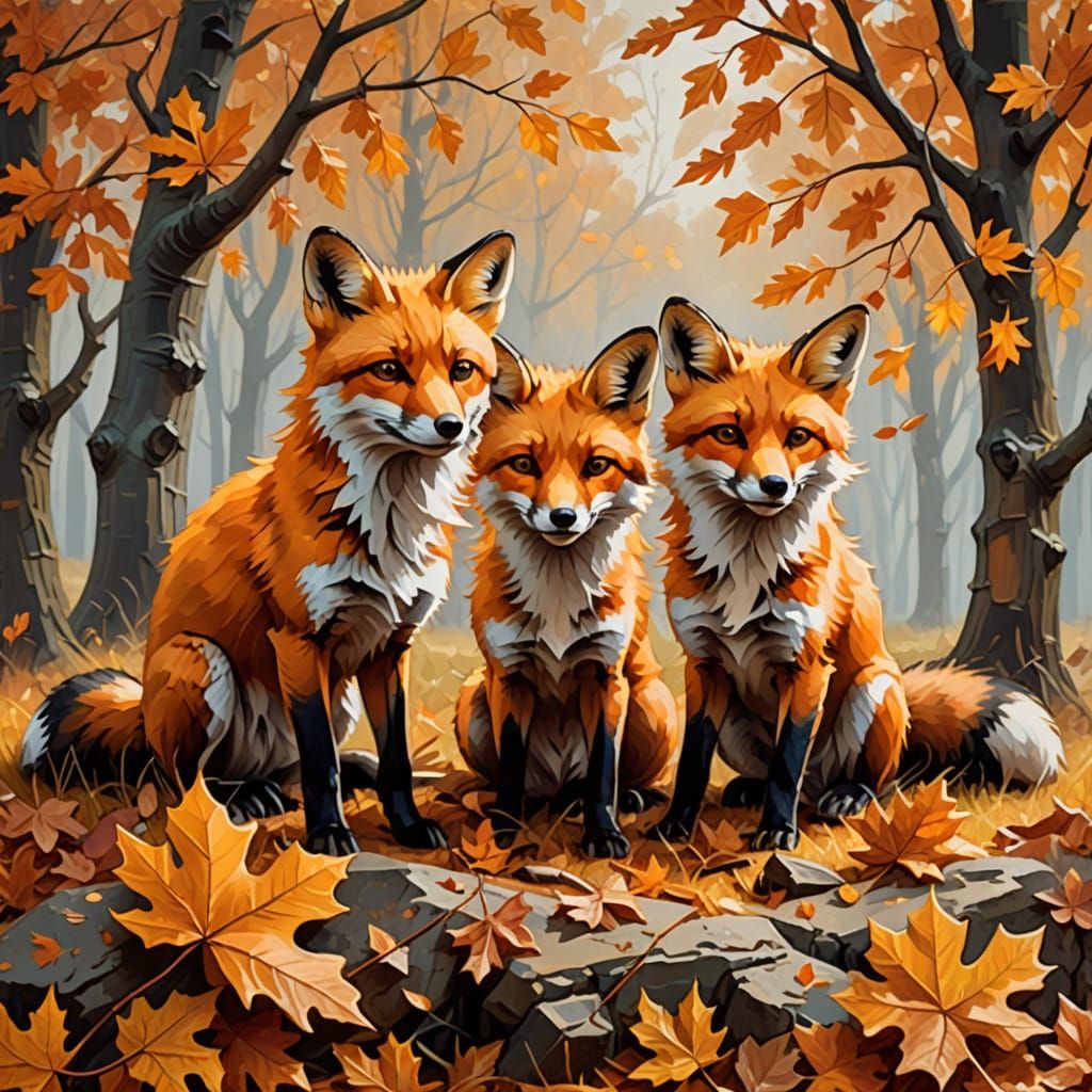 Triple Autumn Foxes Playing Among Oak Leaves