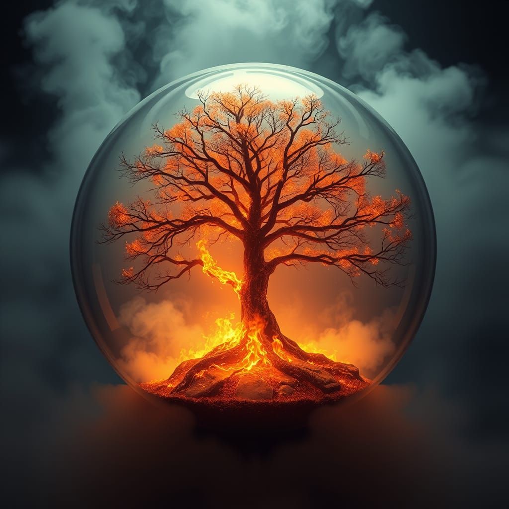 Glowing Tree in Crystal Ball amidst Fiery Aura