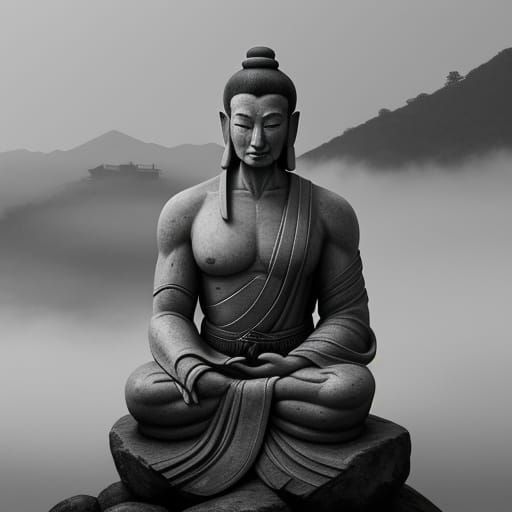 Monk Meditating on Misty Mountain Peak in Ink Wash Style