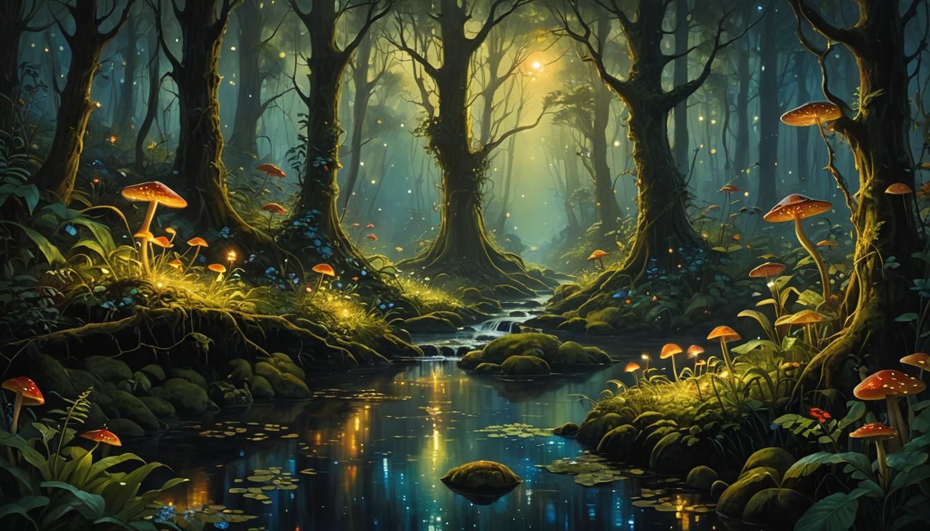 Enchanted Forest River at Night, Oil Painting