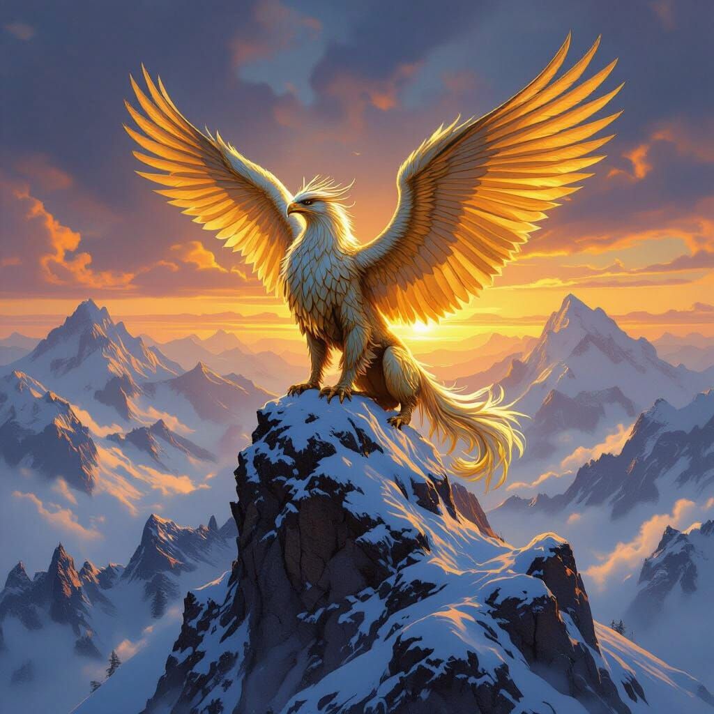 Griffin on Snow-Capped Peak at Sunset