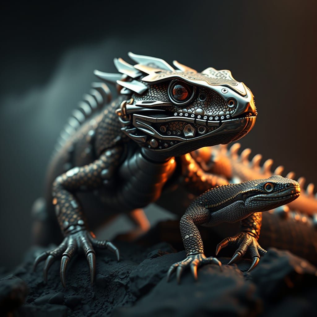 Mechanical Dragons in Cyberpunk Landscape