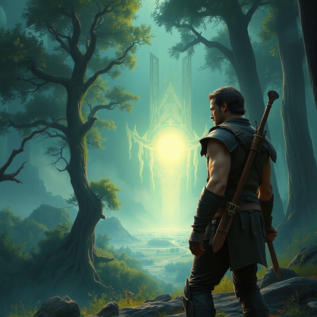 Heroic Warrior Stands at the Threshold of Ancient Wonder