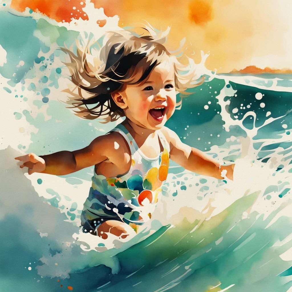 Joyful Old Lady at the Beach in Watercolor